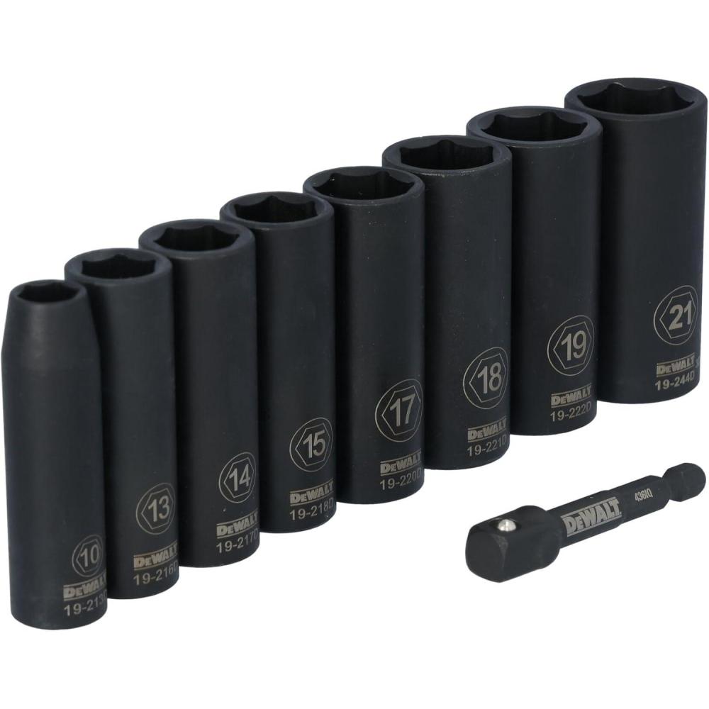 imageDEWALT 38 Socket Set 6 Pcs Metric Impact Socket Set 6 point 10 mm to 19 mm Includes 14 inch Adapter for Cordless and Corded Impact Drivers and Wrenches DWAFSMSET69 Pc Metric