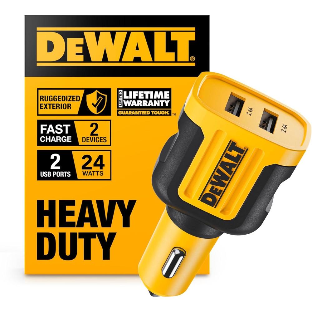 imageDEWALT Heavy Duty 24W USB Car Charger Adapter Cigarette Lighter Adapter USBA Charger Fast Charging Car Lighter USB Adapters Cell Phone Automobile Chargers for iPhone Samsung Galaxy iPad2PortsUSB A