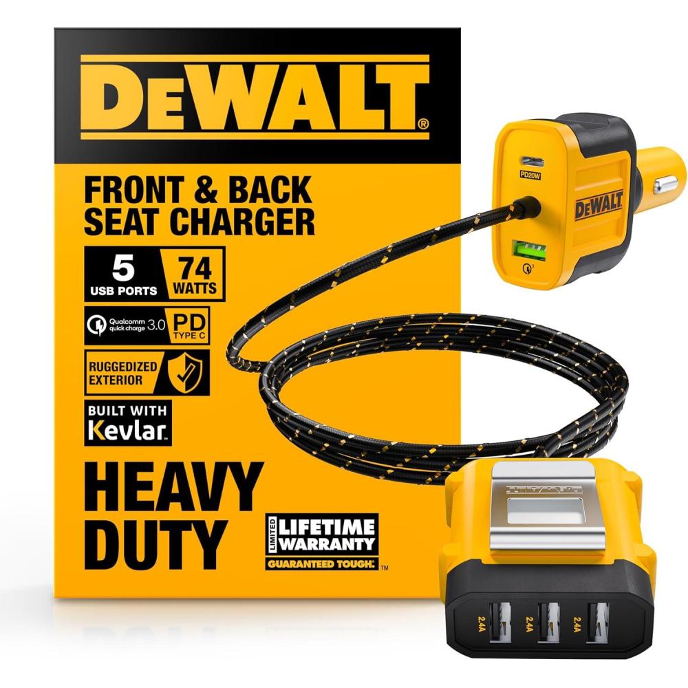 imageDEWALT Heavy Duty 72W 5 Port USB Car Charger Multiport iPhone 16 Multi USB Car Charger Fast Charge PD amp QC30 Cigarette Lighter Adapter w 6FT Cable Type C FrontBack Charging for Multiple Devices