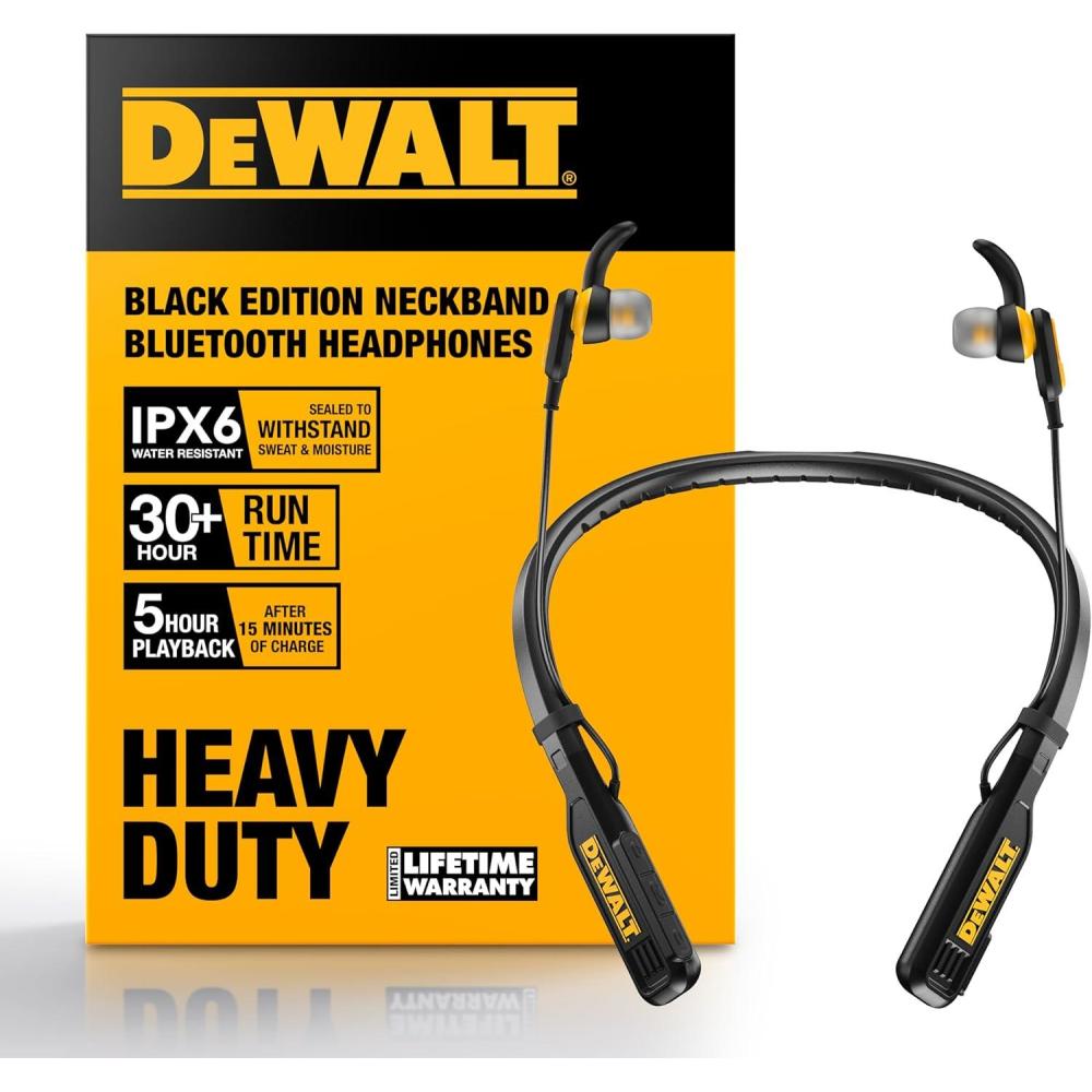 imageDEWALT Heavy Duty Bluetooth Neckband Headphones Wireless Around The Neck Earbuds w 30H Runtime  Noise Isolation Secure Magnetic Wireless Earbuds Jobsite Pro Builtin Mic Bluetooth HeadsetsBlack