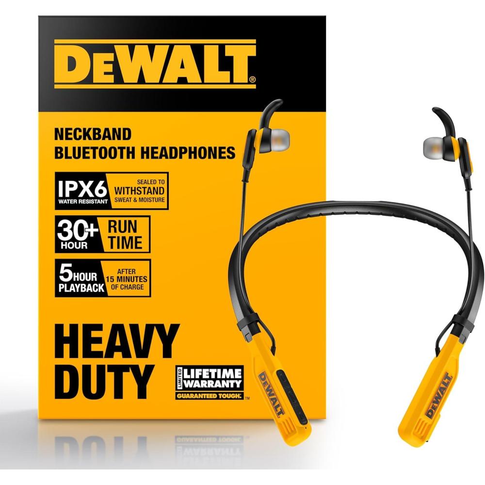 imageDEWALT Heavy Duty Bluetooth Neckband Headphones Wireless Around The Neck Earbuds w 30H Runtime Noise Isolation Secure Magnetic Wireless Earbuds Jobsite Pro Builtin Mic Bluetooth HeadsetsYellow