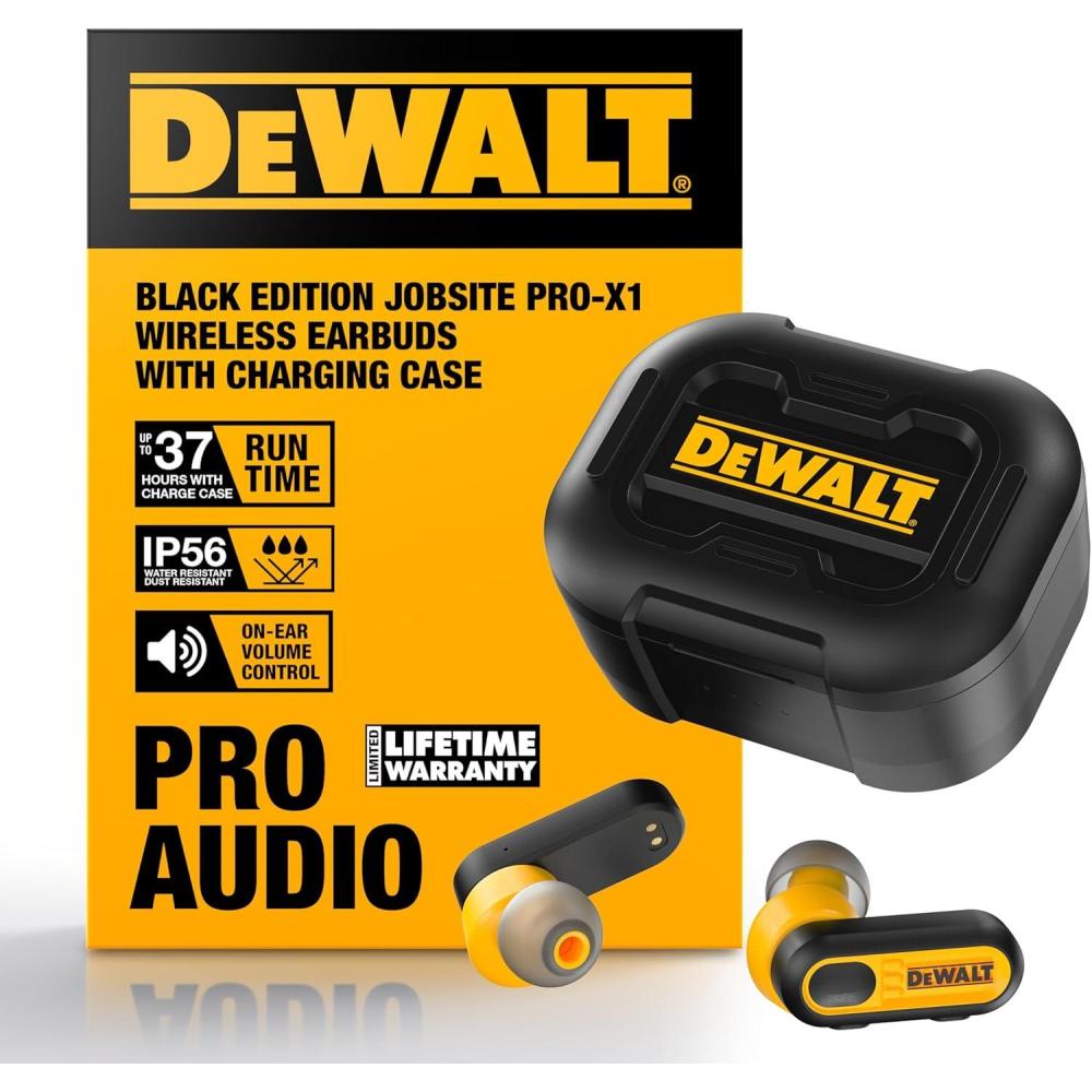 imageDEWALT Heavy Duty True Wireless Ear Buds Bluetooth Headphones with Type C Charging Case Included Over 37 Hours of Battery Life Easy Setup for iPhone Perfect for Jobsite Outdoor Work YellowBlack