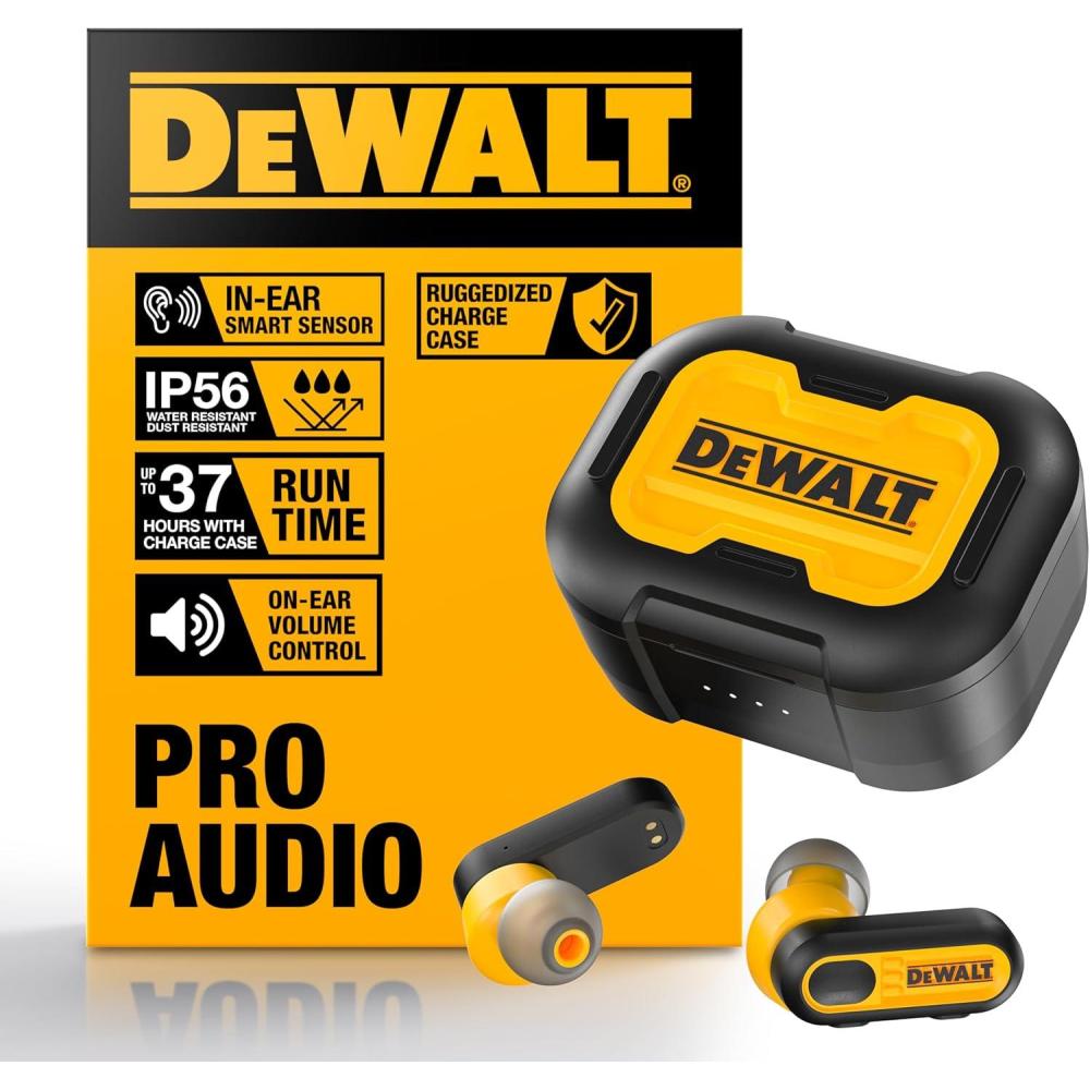 imageDEWALT Heavy Duty True Wireless Ear Buds Bluetooth Headphones with Type C Charging Case Included Over 37 Hours of Battery Life Easy Setup for iPhone Perfect for Jobsite Outdoor Work YellowYellow