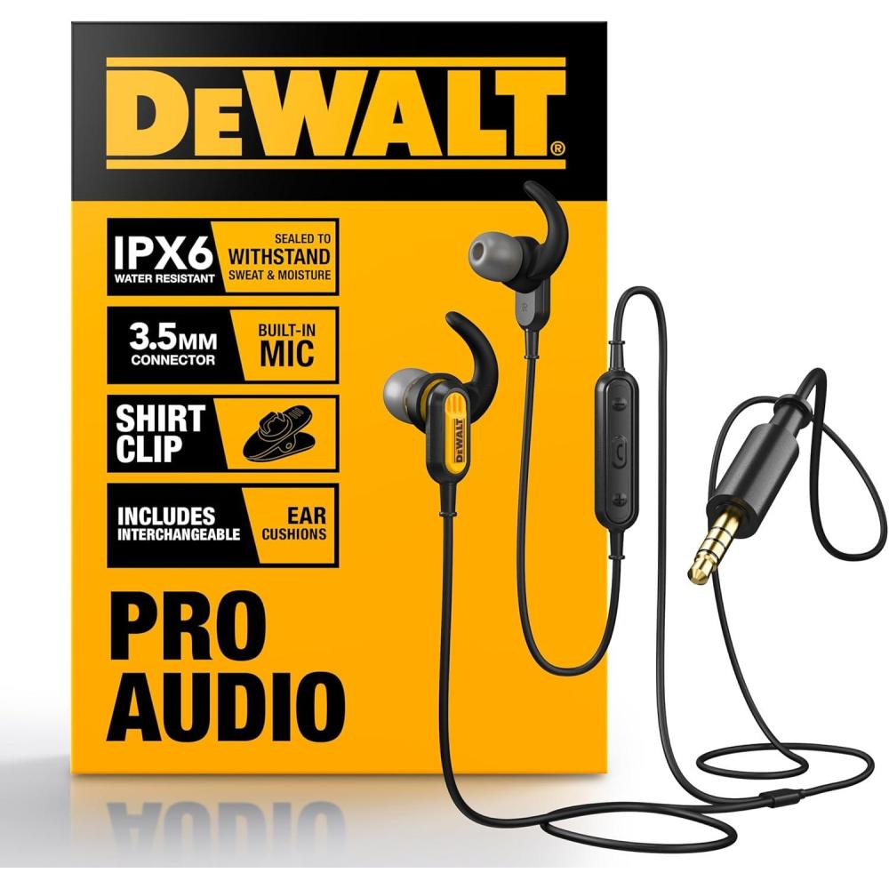 imageDEWALT Heavy Duty Wired Earphones with Microphone Jobsite Earbuds Wired 35mm WaterResistant 35mm Earbuds with Mic Connected Headphones for Outdoor Work355mm Headphones