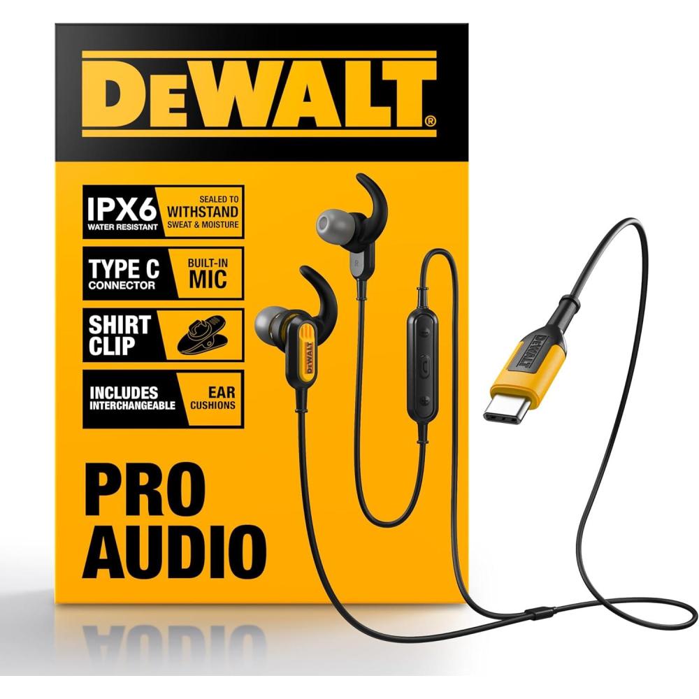imageDEWALT Heavy Duty Wired Earphones with Microphone Jobsite Earbuds Wired 35mm WaterResistant 35mm Earbuds with Mic Connected Headphones for Outdoor WorkUSB C Headphones