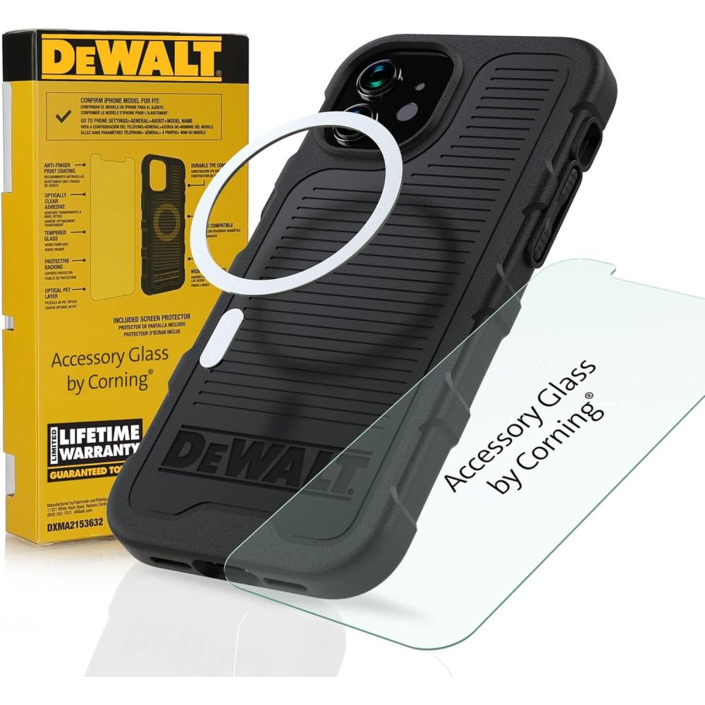 imageDEWALT Phone CaseScreen Protector Kit  Magnetic Case for iPhone 13 Pro  Tempered Glass Screen Protector Included  MagSafe Compatible Phone Case  Protective Impact amp Scratch Resistant  BlackiPhone 13 Pro