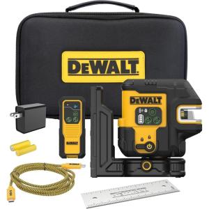 DEWALT 150 ft Green Cross Line 5 Spot USB Rechargeable Laser Level Kit with Remote Control, Self Leveling, Adjustable Brightness, Adapter USB Cable and Bracket Included,Tripod Compatible (DCLE14251G)(5 Spot Cross Line Laser Kit)