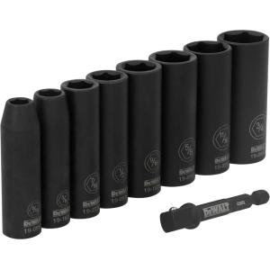 DEWALT 3/8 Socket Set, 6 Pcs Metric Impact Socket Set, 6 point, 10 mm to 19 mm, Includes 1/4 inch Adapter, for Cordless and Corded Impact Drivers and Wrenches (DWAFSMSET6)(9 Pc SAE)