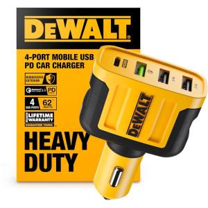 DEWALT Heavy Duty 24W USB Car Charger Adapter, Cigarette Lighter Adapter USBA Charger, Fast Charging Car Lighter USB Adapters, Cell Phone Automobile Chargers for iPhone, Samsung Galaxy, iPad(4-Ports-3 USB A+Type C)