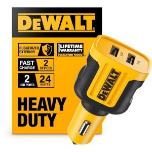 DEWALT Heavy Duty 24W USB Car Charger Adapter, Cigarette Lighter Adapter USBA Charger, Fast Charging Car Lighter USB Adapters, Cell Phone Automobile Chargers for iPhone, Samsung Galaxy, iPad(2-Ports-USB A)