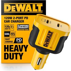 DEWALT Heavy Duty 24W USB Car Charger Adapter, Cigarette Lighter Adapter USBA Charger, Fast Charging Car Lighter USB Adapters, Cell Phone Automobile Chargers for iPhone, Samsung Galaxy, iPad(2-Ports-Type C)