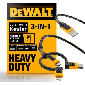 DEWALT Heavy Duty 3 in 1 Multi Charging Cord, 6ft Fast Charger Cord, Multi Charger Adapter with Lightning/Type C/Micro USB Port for iPhones/Samsung Galaxy/PS/Tablets/More