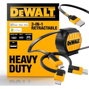 DEWALT Heavy Duty 3 in 1 Retractable Multi Charging Cord, 3ft Fast Charger Cord, Multi Charger Adapter with Lightning/Type C/Micro USB Port for iPhones/Samsung Galaxy/PS/Tablets/More