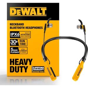 DEWALT Heavy Duty Bluetooth Neckband Headphones, Wireless Around The Neck Earbuds w/ 30H Runtime + Noise Isolation, Secure Magnetic Wireless Earbuds, Jobsite Pro Built-in Mic Bluetooth Headsets(Yellow)