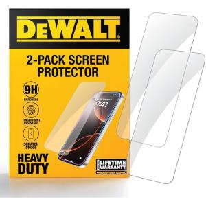 DEWALT Heavy Duty Glass Screen Protector for iPhone 15, 2 Pack Tempered Glass Screen Protector, Case Friendly, Perfect Install Tool Included, Long-Lasting Protection(iPhone 16)