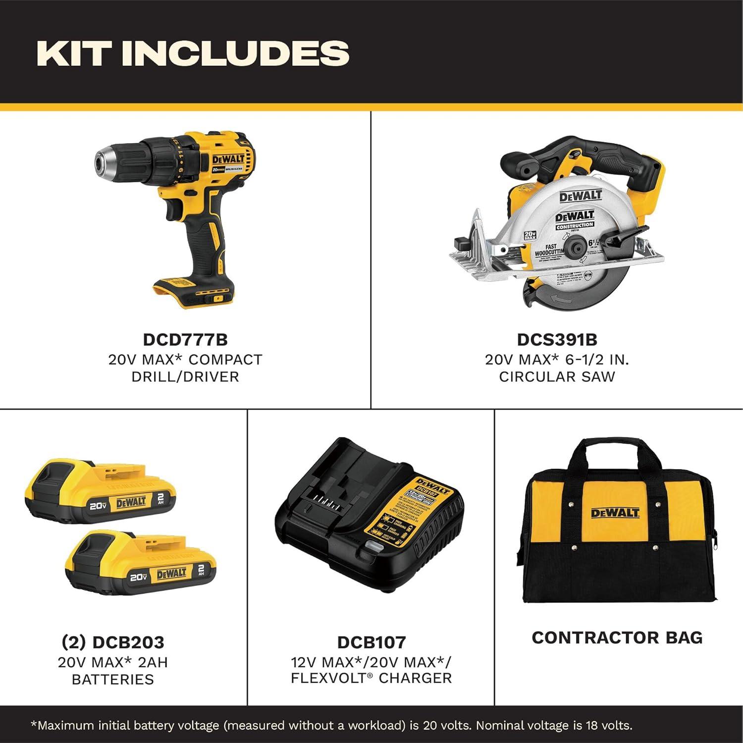 imageDEWALT 20V MAX Cordless Drill Driver and Circular Saw Combo Kit with 2 x 2 Ah Batteries and Charger Contractor Bag DCK252D2