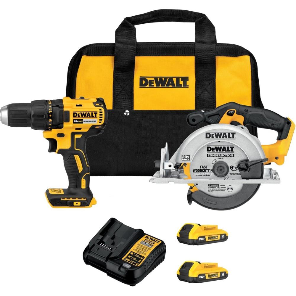 imageDEWALT 20V MAX Cordless Drill Driver and Circular Saw Combo Kit with 2 x 2 Ah Batteries and Charger Contractor Bag DCK252D2