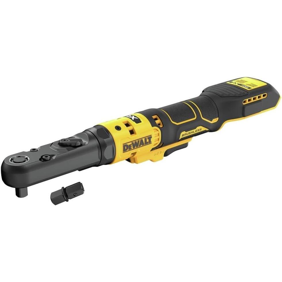 imageDEWALT 20V MAX XR Cordless Ratchet Set 38 and 12 Sealed Head Ratchet Battery and Charger Included DCF510GE1Bare Tool Only