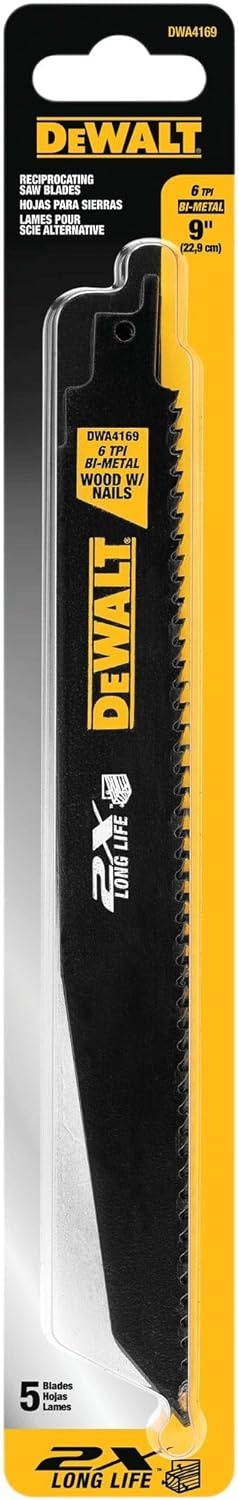 imageDEWALT 9Inch Reciprocating Saw Blades 6 TPI Demolition 5 Pack DWA41699 2X 6 TPI 5Pack