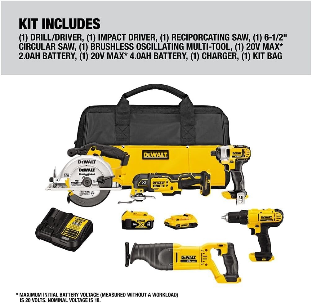 imageDEWALT 20V MAX 5Tool Power Tools Combo Kit Includes 12 Cordless Drill14 Impact Driver Reciprocating Saw Circular Saw Oscillating Tool 5Ah Battery and Charger DCK540D120V MAX 5pc Tool Kit