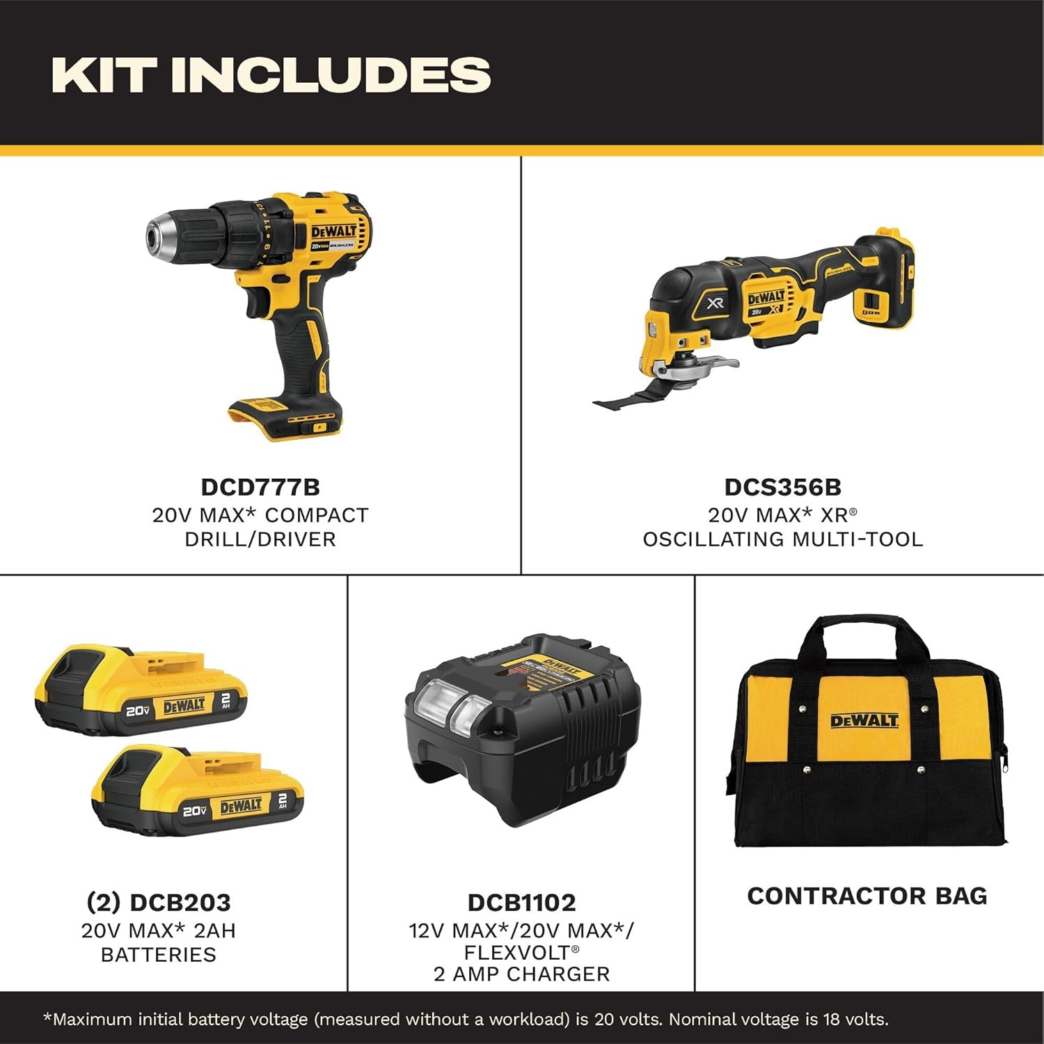 imageDEWALT 20V MAX Cordless Drill Driver and Oscillating MultiTool Combo Kit with 2 x 2 Ah Batteries and Charger Blade and Workbag DCK251D22 Tool Combo Kit