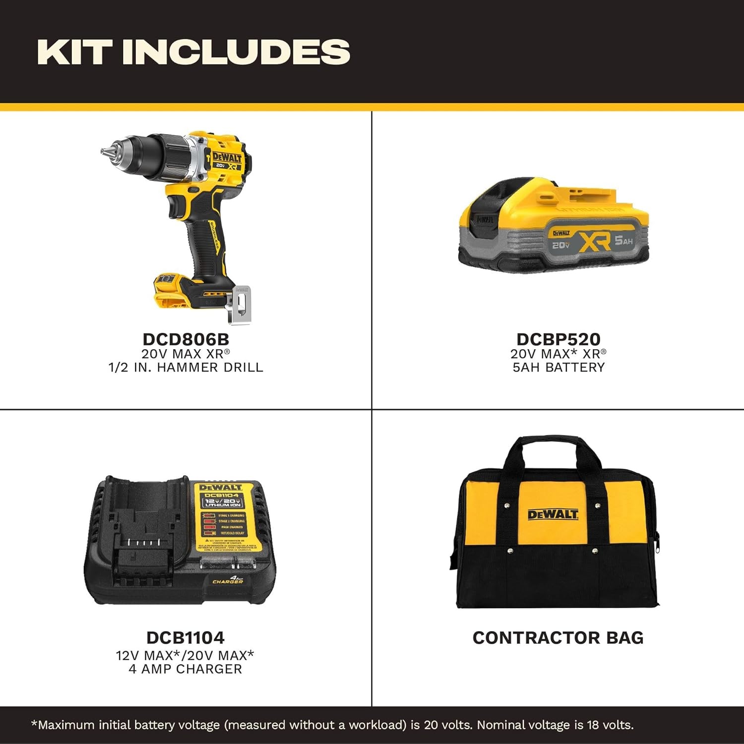 imageDEWALT 20V MAX XR 12 in Brushless Cordless Hammer Drill Kit With 5AH Battery and Charger DCD806H1