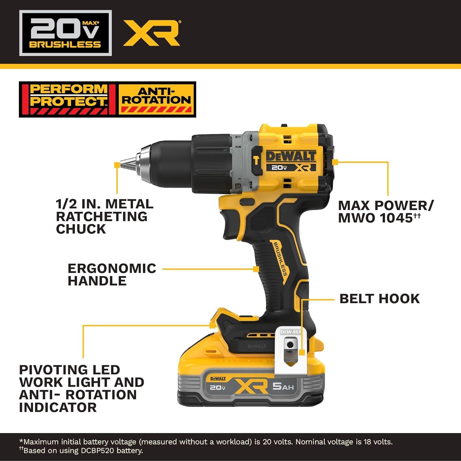 imageDEWALT 20V MAX XR 12 in Brushless Cordless Hammer Drill Kit With 5AH Battery and Charger DCD806H1