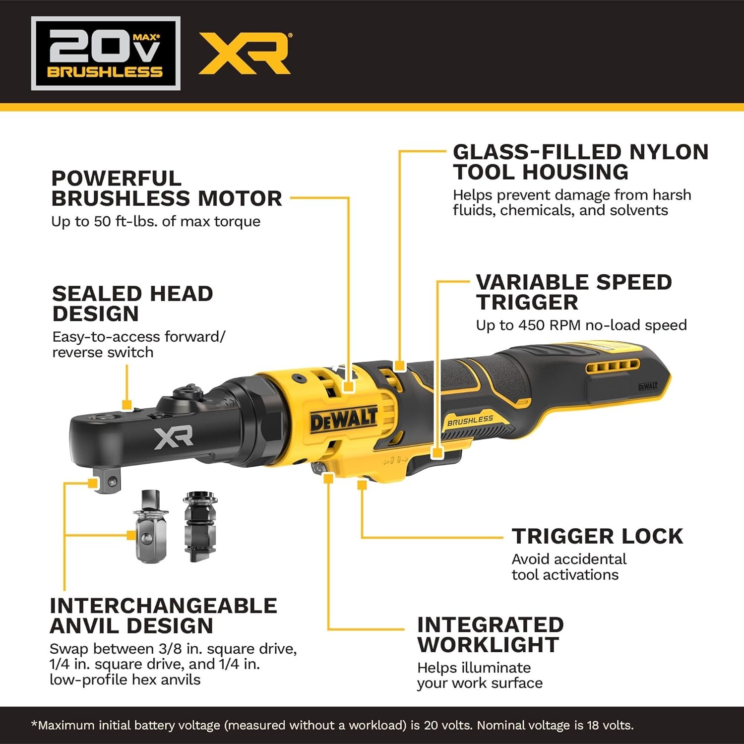 imageDEWALT 20V MAX XR Brushless 14 in amp 38 in Sealed Head Ratchet Tool Only DCF520B