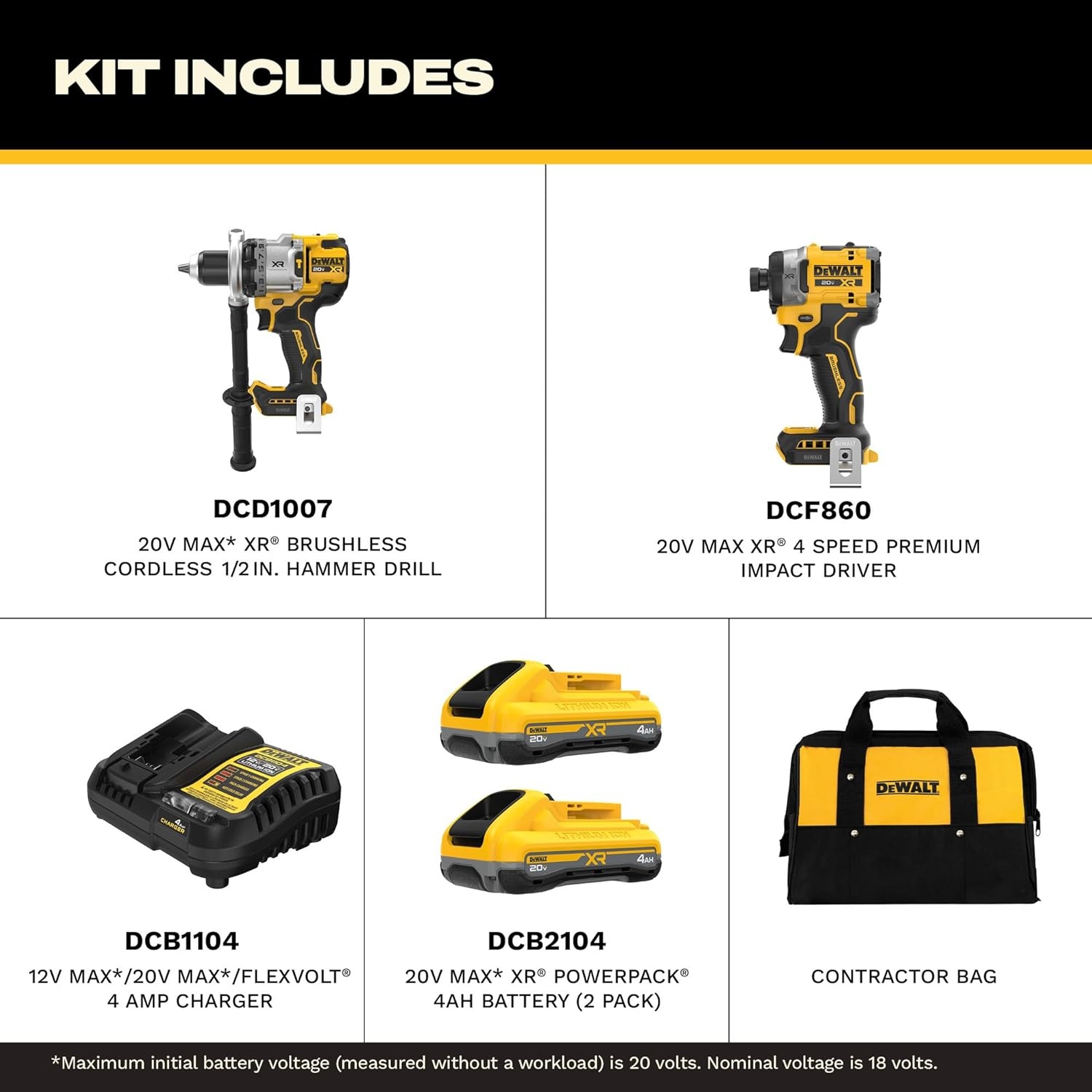 imageDEWALT 20V MAX XR Brushless Hammer Drill 12 In and High Torque 14 Impact Driver Combo with 2 x 4 Ah Batteries and 4 Amp Charger DCK2112QQ22 Tools Bag