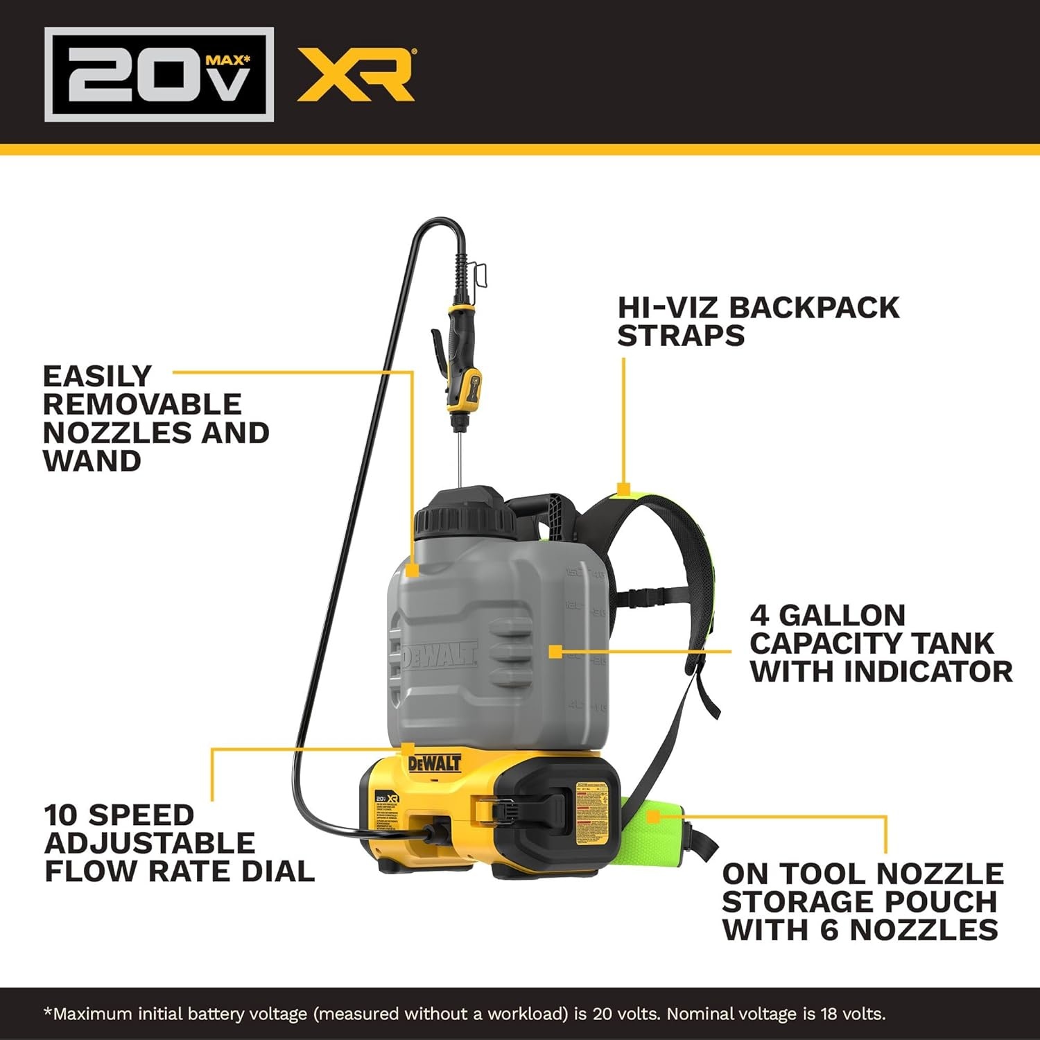 imageDEWALT 20V MAX XR High Capacity Concrete Chemical Sprayer 4Gallon Tank 150 PSI 6 Nozzles 10Speed Flow Control Tool Connect Ready Backpack Straps Battery amp Charger Not Included DCCS1100B