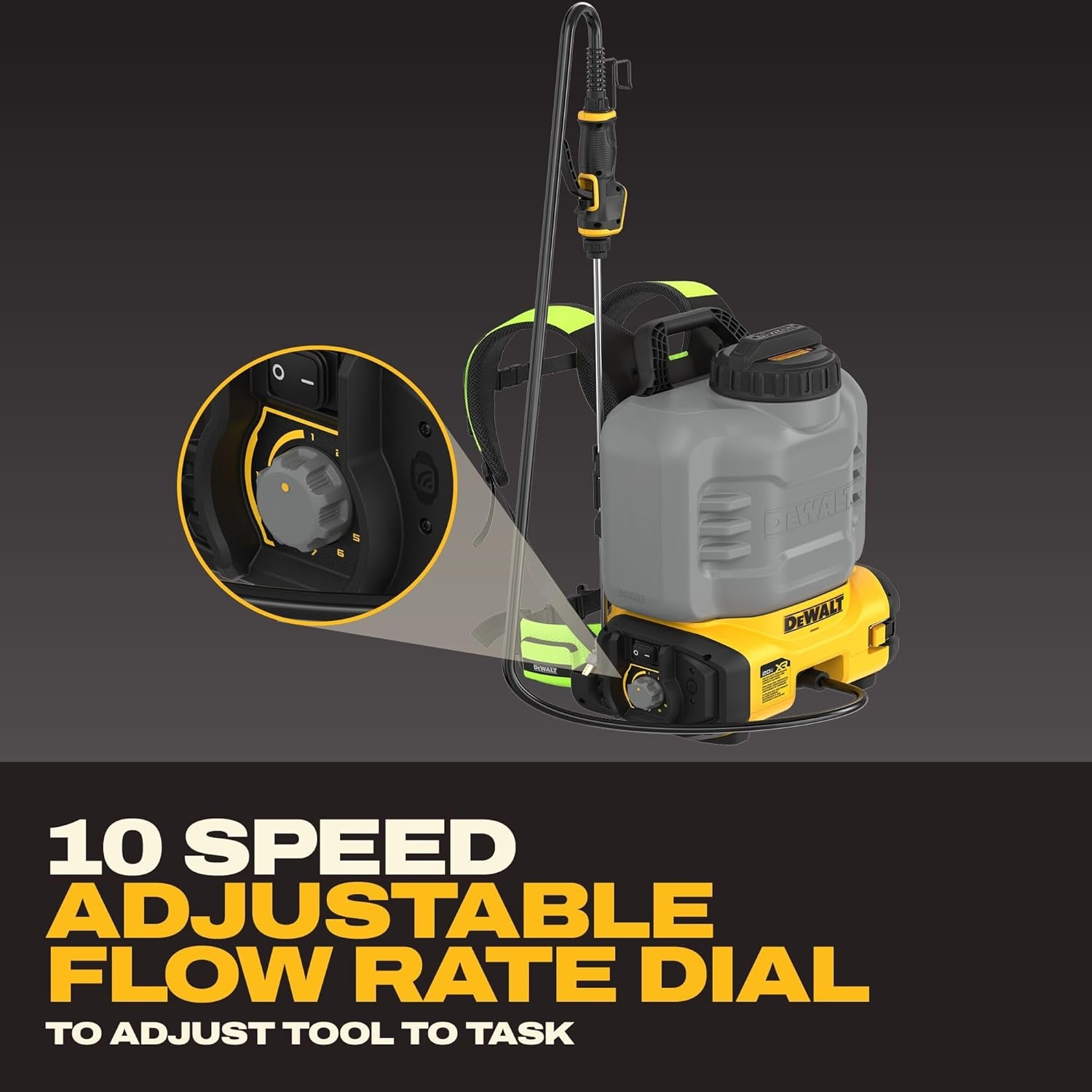 imageDEWALT 20V MAX XR High Capacity Concrete Chemical Sprayer 4Gallon Tank 150 PSI 6 Nozzles 10Speed Flow Control Tool Connect Ready Backpack Straps Battery amp Charger Not Included DCCS1100B