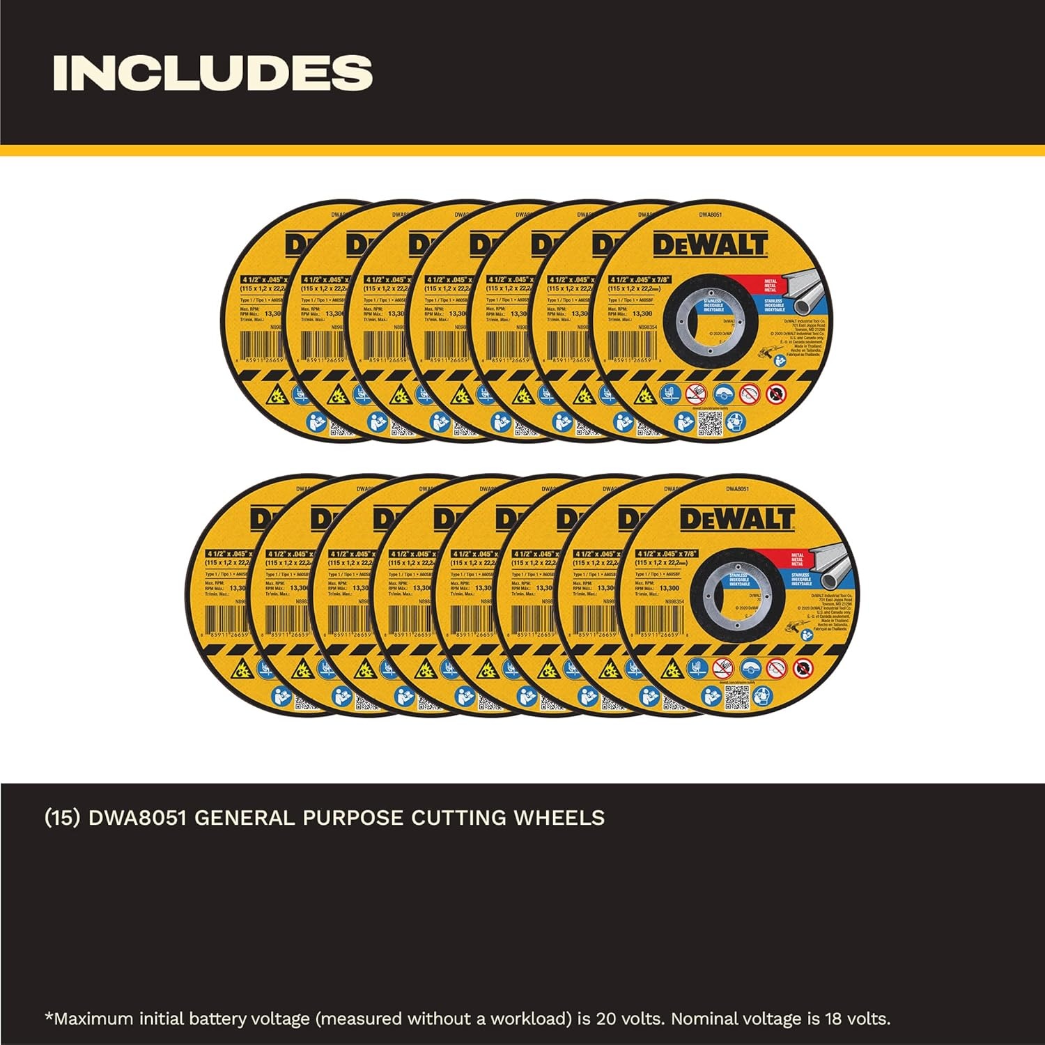 imageDEWALT 412 In x 045 in Aluminum Oxide Bonded Abrasive Cut Off Blade with 78 in Arbor 15 Pack General Purpose Cutting Wheels DWA8051B15
