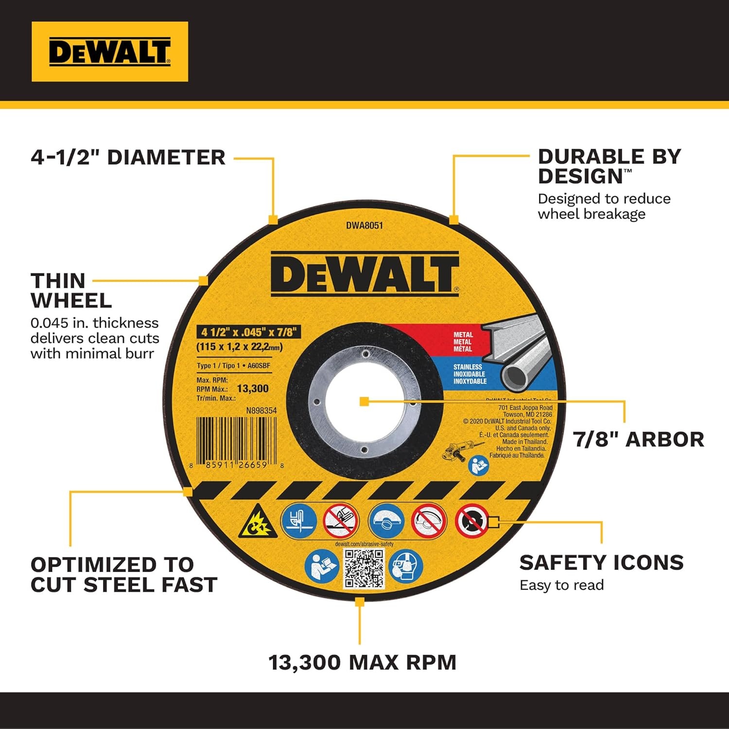 imageDEWALT 412 In x 045 in Aluminum Oxide Bonded Abrasive Cut Off Blade with 78 in Arbor 15 Pack General Purpose Cutting Wheels DWA8051B15
