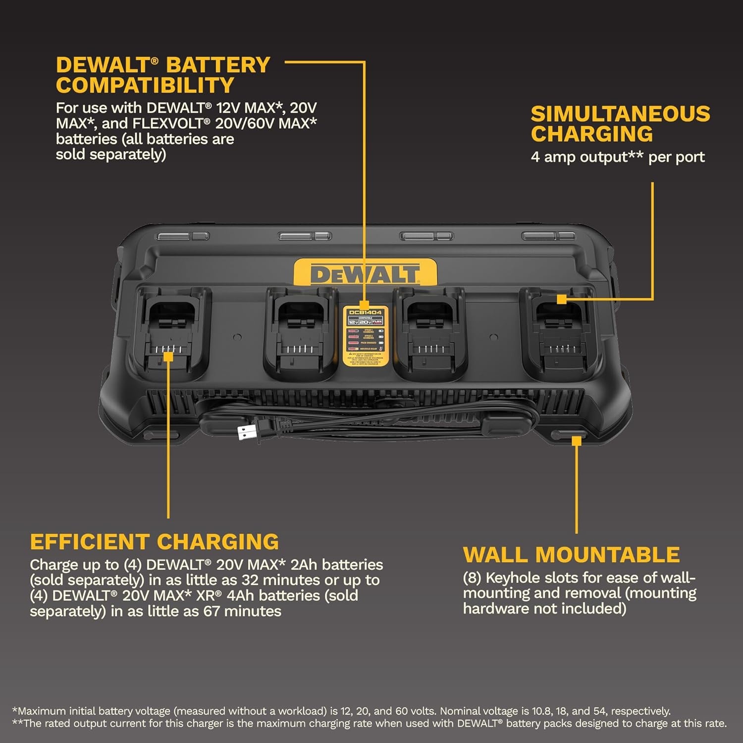 imageDEWALT Battery Charger 12V MAX 20V MAX FLEXVOLT 20V60V MAX 4 Amp Fast Charger Multiport Simultaneous Charging Station DCB1404