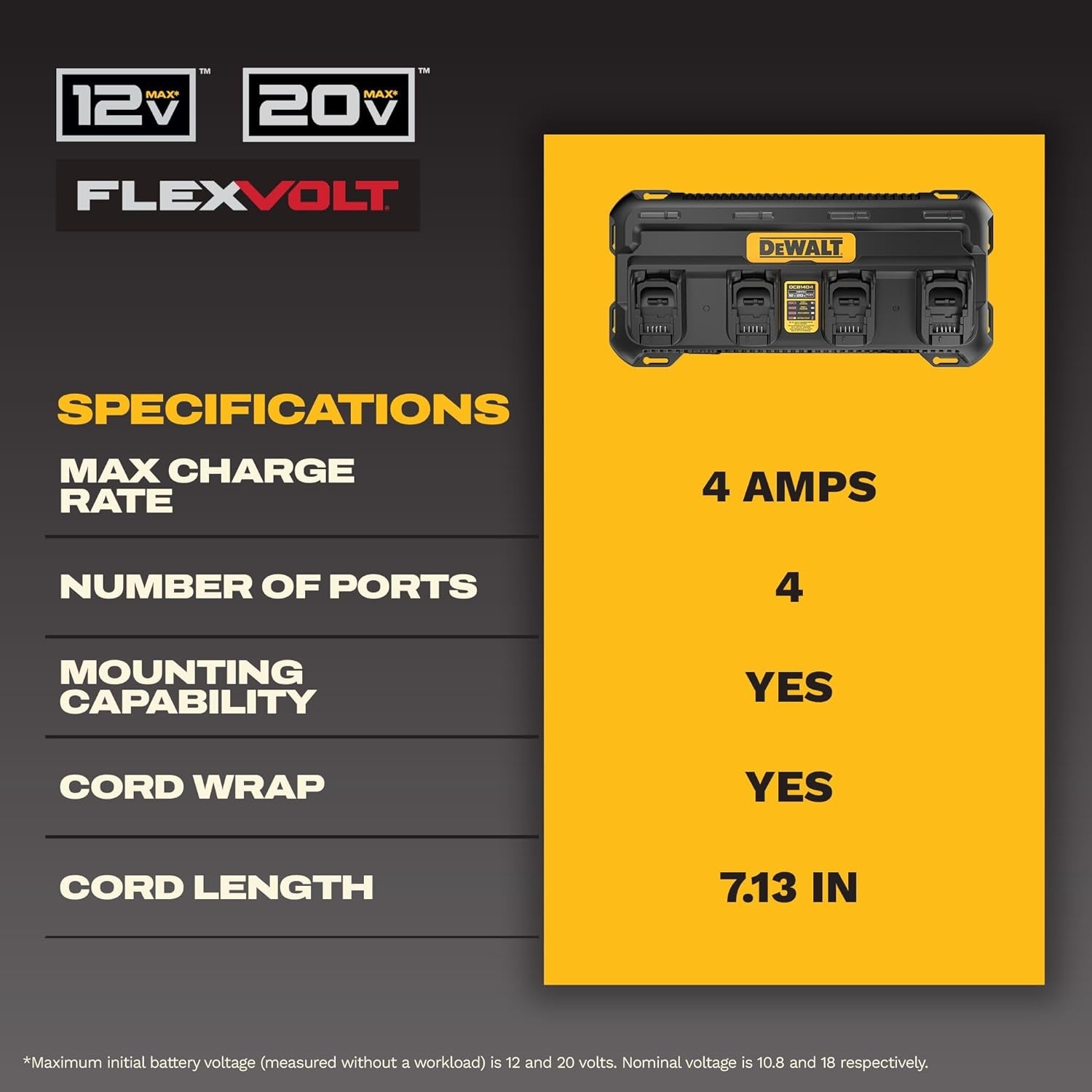 imageDEWALT Battery Charger 12V MAX 20V MAX FLEXVOLT 20V60V MAX 4 Amp Fast Charger Multiport Simultaneous Charging Station DCB1404