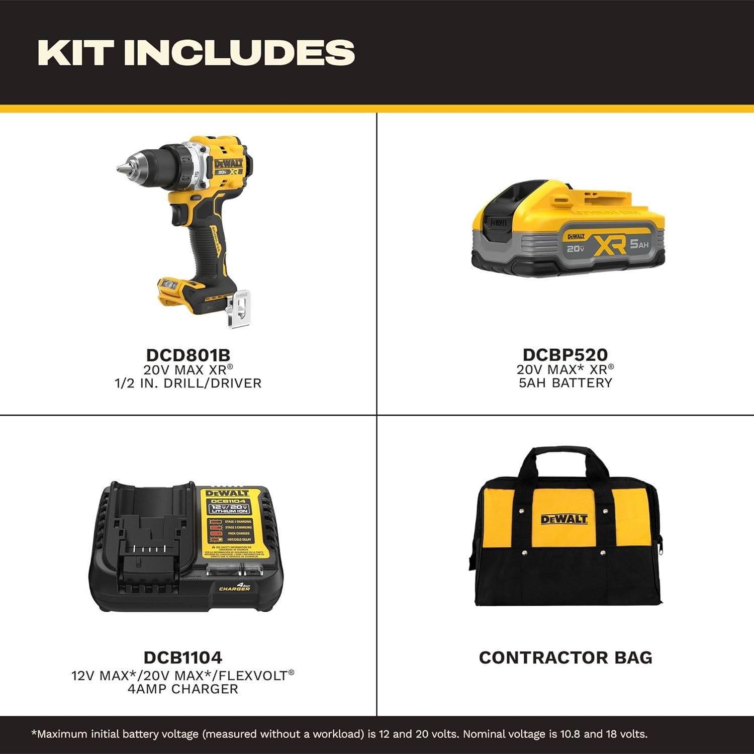 imageDEWALT Drill Set 20V MAX XR 12 in Brushless Cordless Drill Driver Kit With 5AH POWERSTACK Battery and Charger LED Light Dual Speed DCD801H1