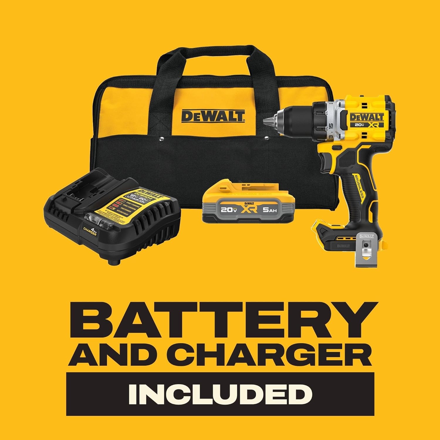 imageDEWALT Drill Set 20V MAX XR 12 in Brushless Cordless Drill Driver Kit With 5AH POWERSTACK Battery and Charger LED Light Dual Speed DCD801H1