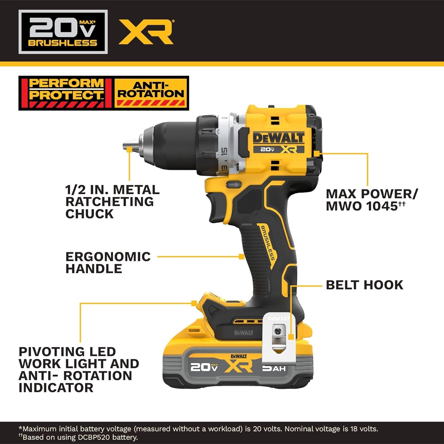 imageDEWALT Drill Set 20V MAX XR 12 in Brushless Cordless Drill Driver Kit With 5AH POWERSTACK Battery and Charger LED Light Dual Speed DCD801H1