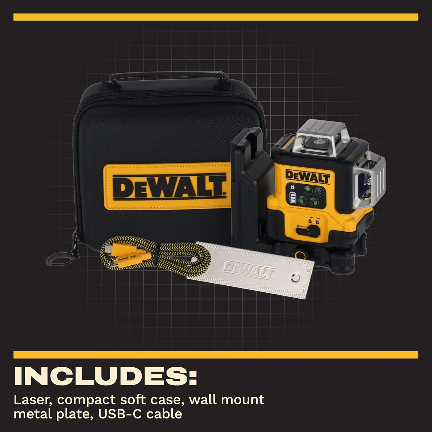 imageDEWALT Laser Level 360 Self Leveling USBC Rechargeable 3x360 Green Line Laser Leveler Tool Fast Charging 9 Hrs of Runtime 18 inch Accuracy DCLE14361GB