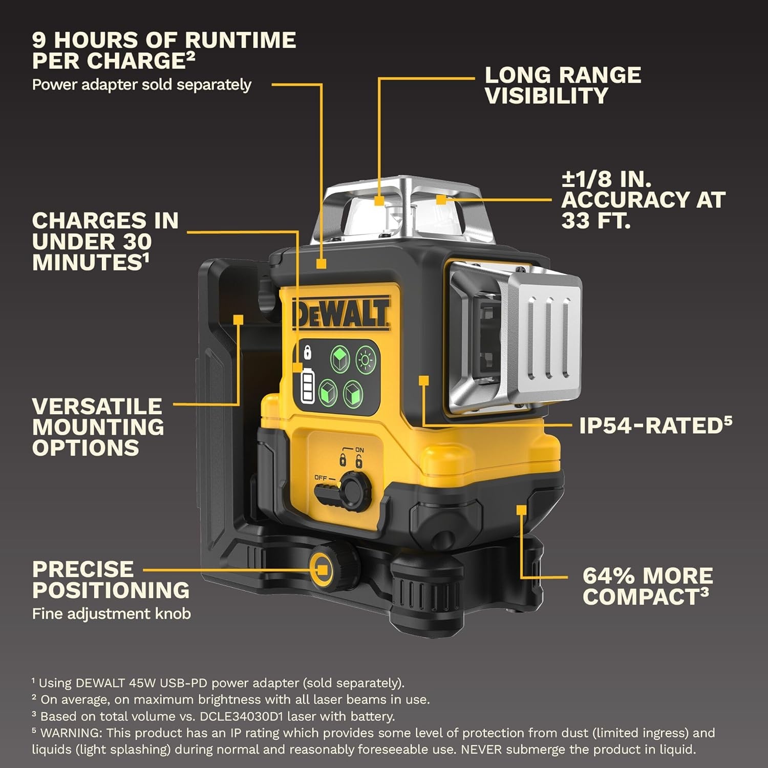 imageDEWALT Laser Level 360 Self Leveling USBC Rechargeable 3x360 Green Line Laser Leveler Tool Fast Charging 9 Hrs of Runtime 18 inch Accuracy DCLE14361GB