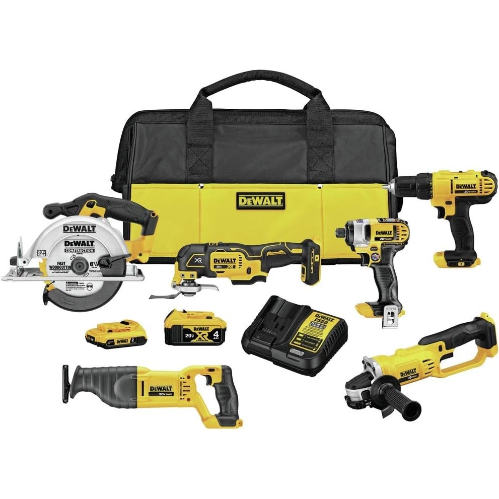 imageDEWALT 20V MAX 7Tool Combo Kit Includes Cordless Drill Impact Driver Reciprocating Saw Circular Saw Oscillating Tool Random Orbital Sander Jigsaw 5Ah Battery and Charger DCK751P16 Tool Combo Kit