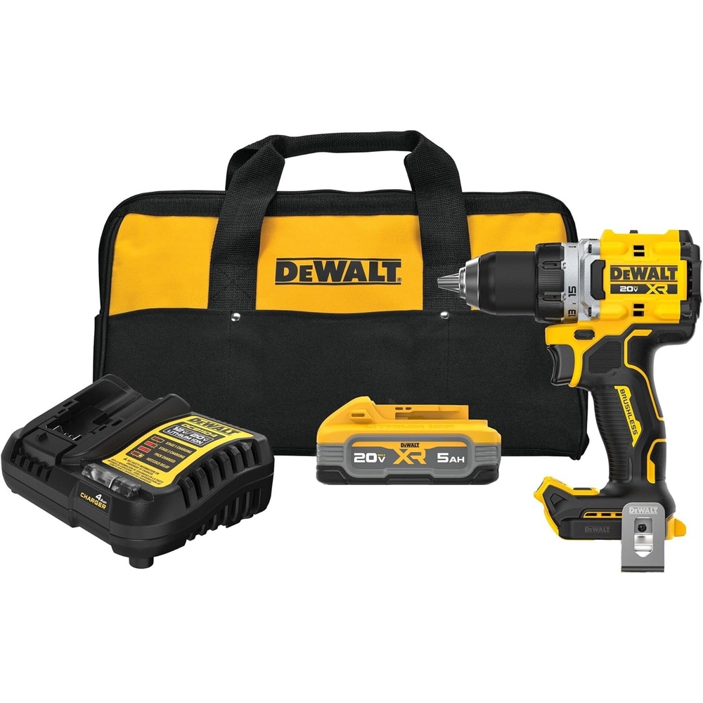 imageDEWALT Drill Set 20V MAX XR 12 in Brushless Cordless Drill Driver Kit With 5AH POWERSTACK Battery and Charger LED Light Dual Speed DCD801H1