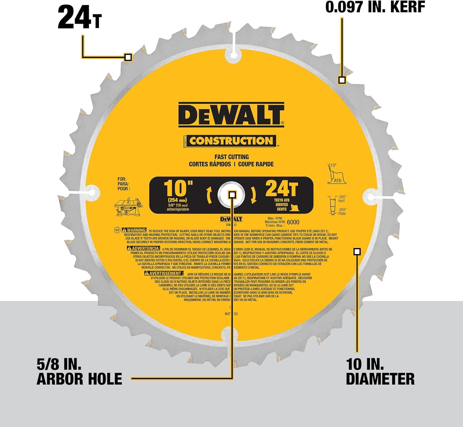 imageDEWALT 10Inch Miter Table Saw Blade ATB Thin Kerf Crosscutting 58Inch Arbor 60Tooth DW310624Tooth