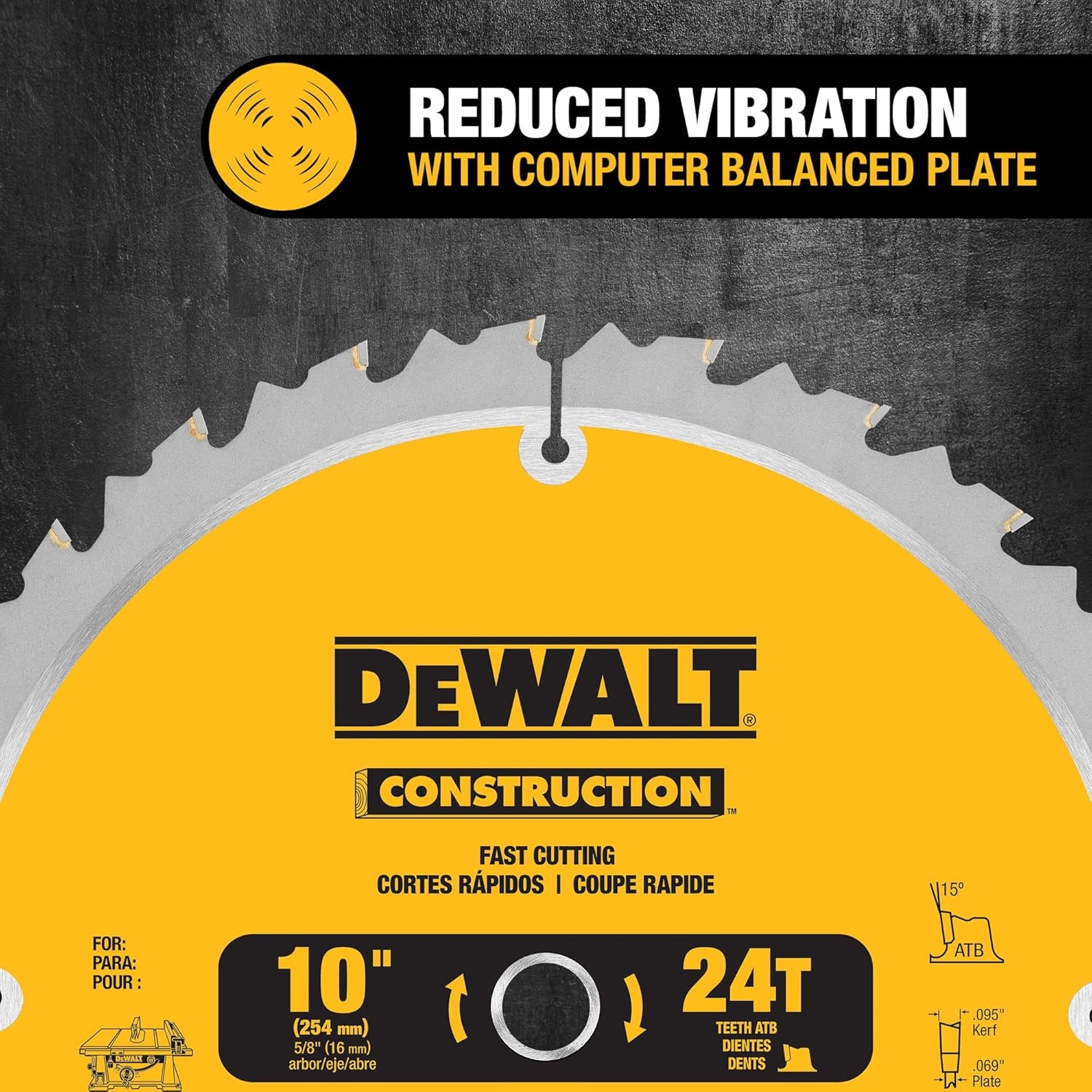 imageDEWALT 10Inch Miter Table Saw Blade ATB Thin Kerf Crosscutting 58Inch Arbor 60Tooth DW310624Tooth