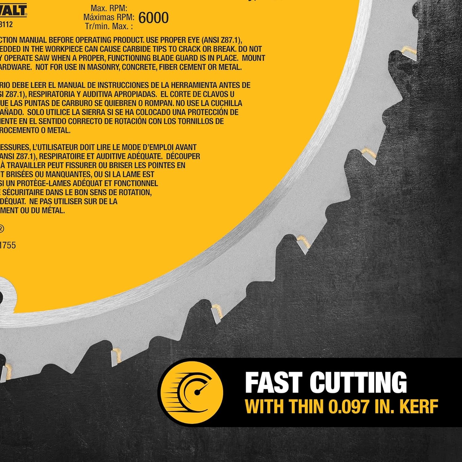 imageDEWALT 10Inch Miter Table Saw Blade ATB Thin Kerf Crosscutting 58Inch Arbor 60Tooth DW310624Tooth