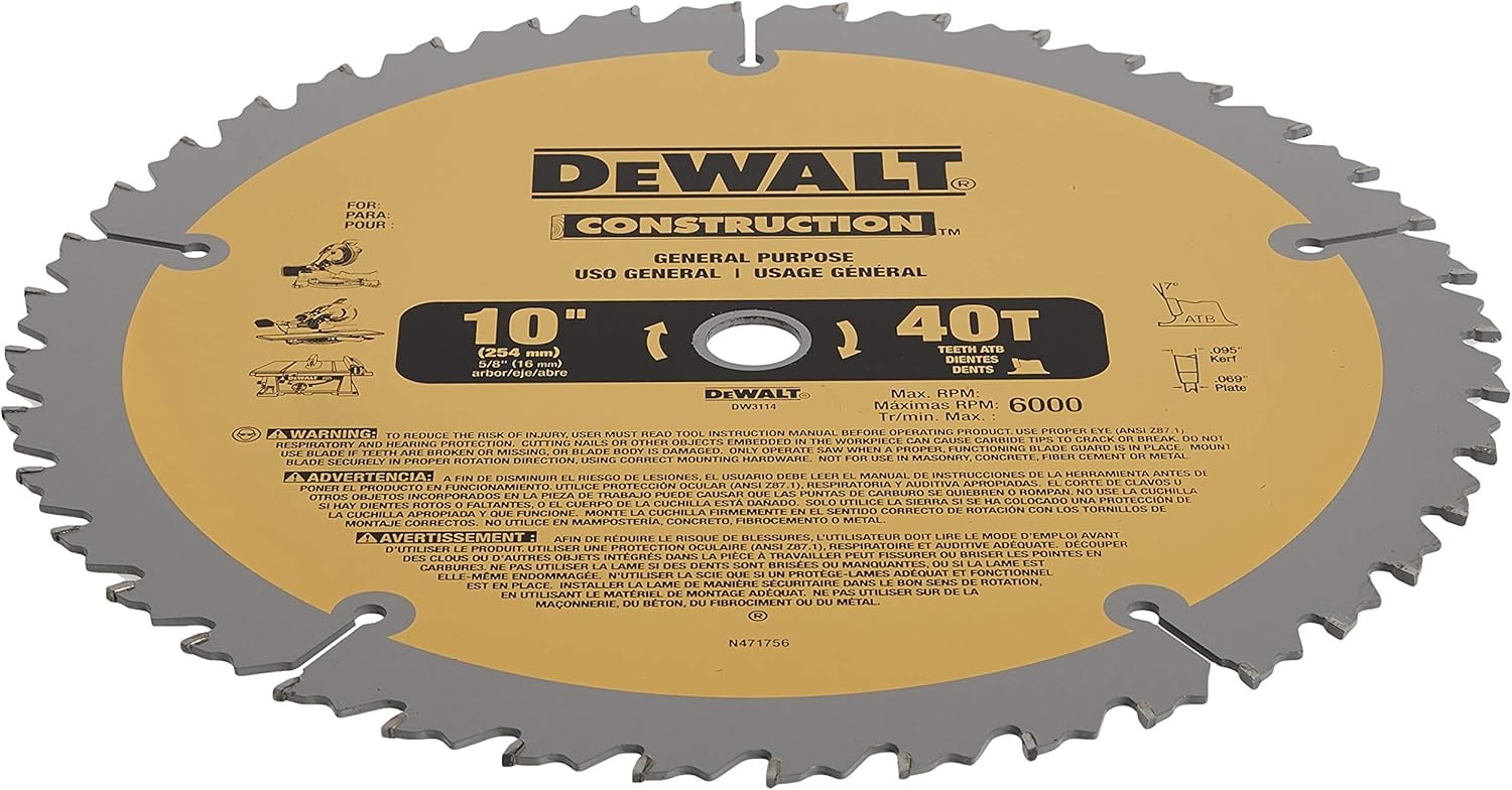 imageDEWALT 10Inch Miter Table Saw Blade ATB Thin Kerf Crosscutting 58Inch Arbor 60Tooth DW310640Tooth