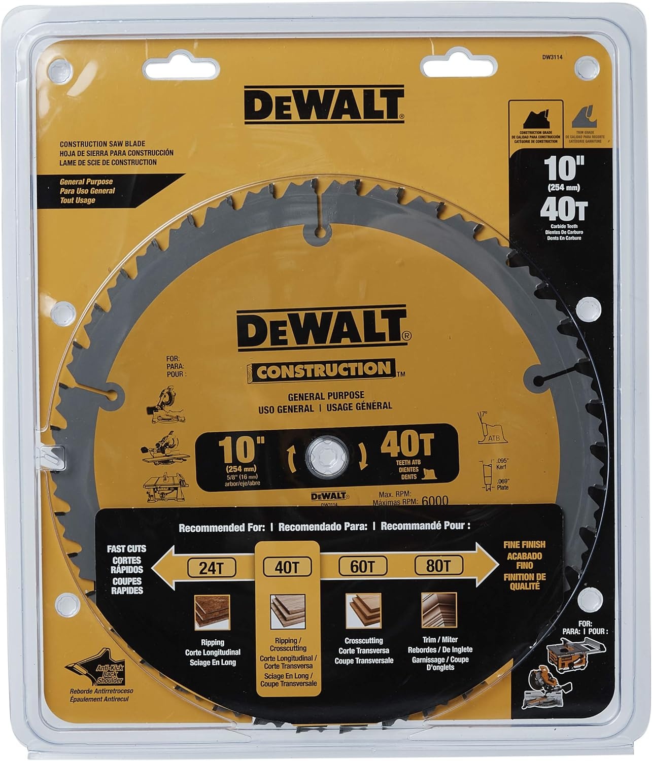 imageDEWALT 10Inch Miter Table Saw Blade ATB Thin Kerf Crosscutting 58Inch Arbor 60Tooth DW310640Tooth