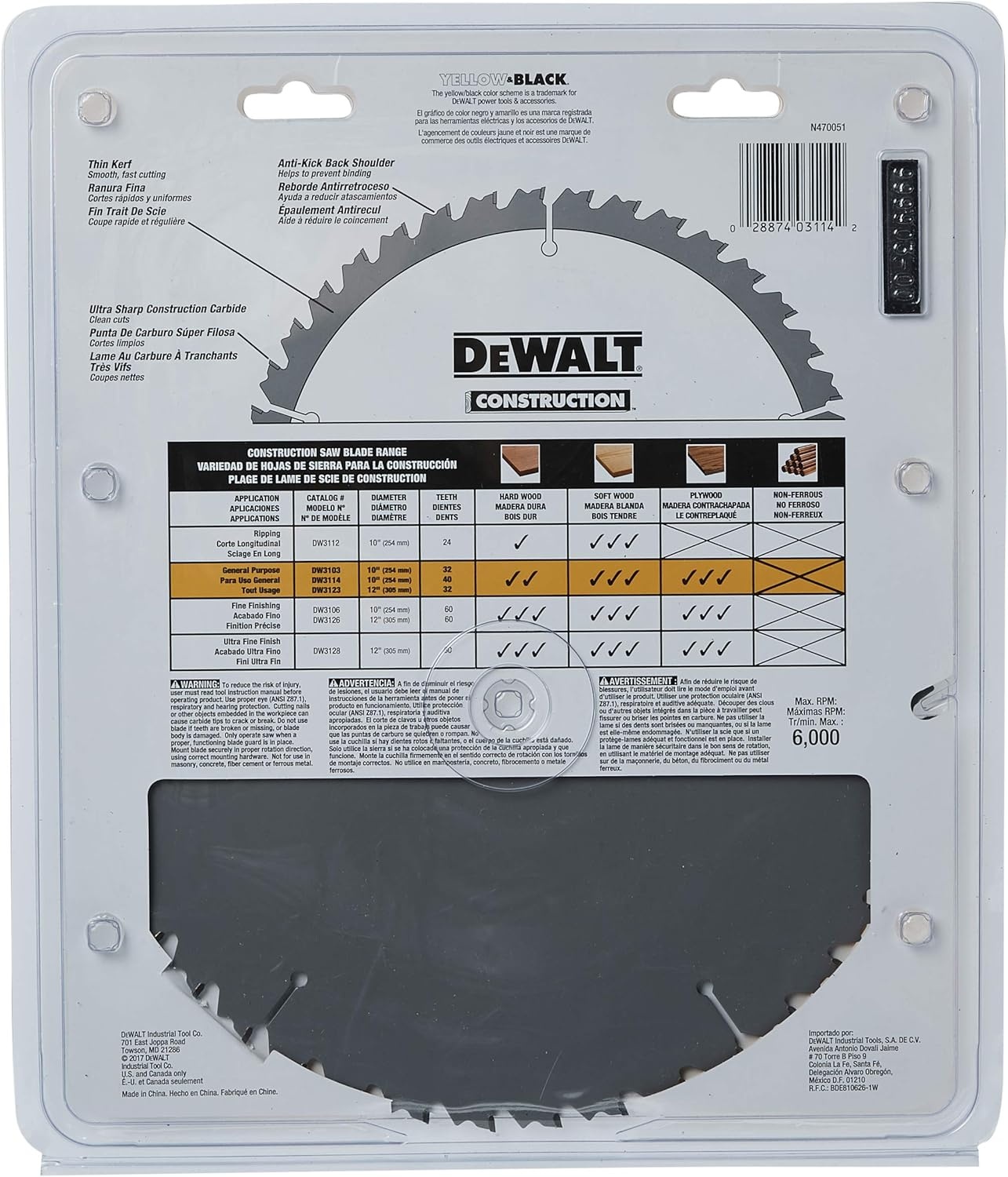 imageDEWALT 10Inch Miter Table Saw Blade ATB Thin Kerf Crosscutting 58Inch Arbor 60Tooth DW310640Tooth