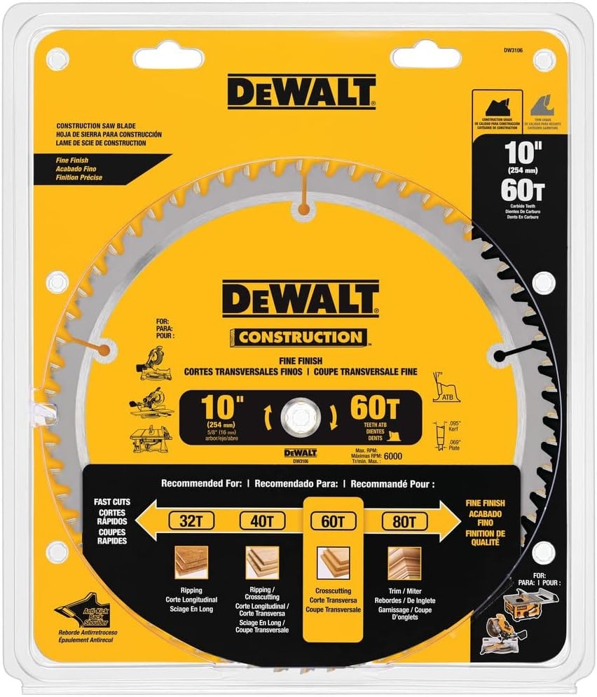 imageDEWALT 10Inch Miter Table Saw Blade ATB Thin Kerf Crosscutting 58Inch Arbor 60Tooth DW310660Tooth