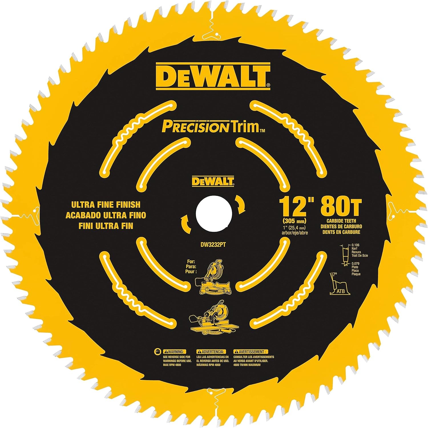 imageDEWALT 12Inch Miter Saw Blade Precision Trim ATB Crosscutting 1Inch Arbor Tough Coat Finish 80Tooth DW3232PT